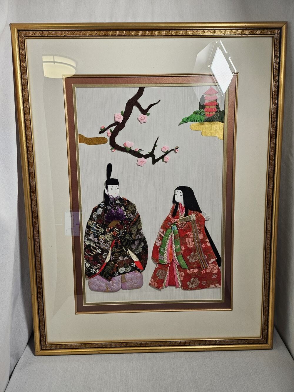 Japanese Oshie Framed wall art in Kimono - Large 30"x40" - VTG